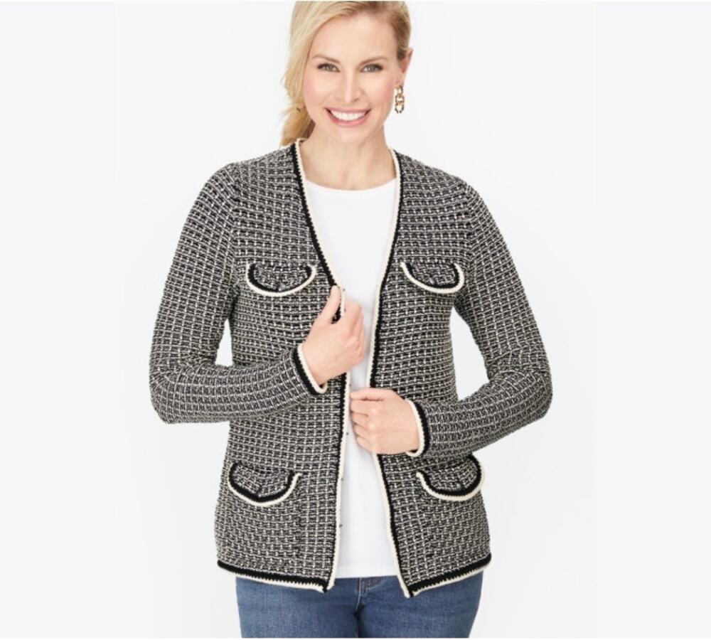 Talbots Size X Tipped Tweed Sweater Jacket Black White Stretch Classy Preppy